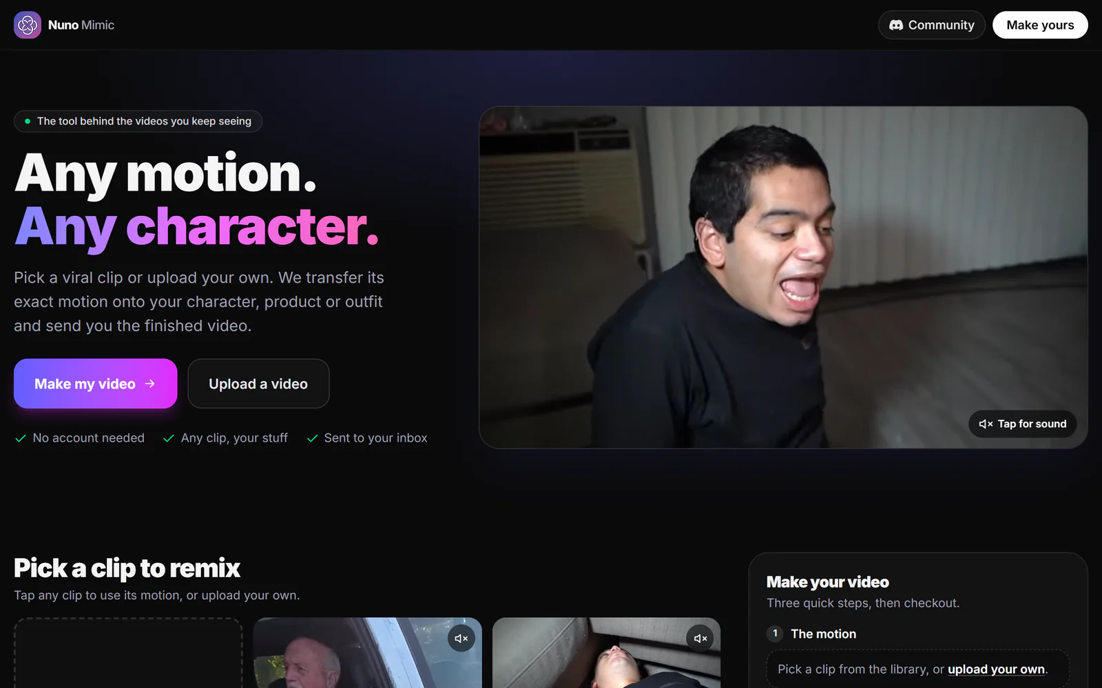 Nuno Mimic home page, where you pick a viral clip and add your own character