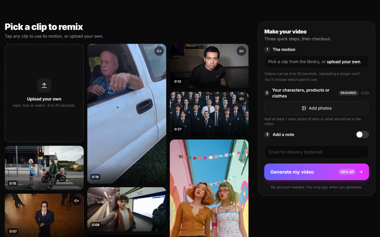 A library of trending video clips ready to remix with your own character